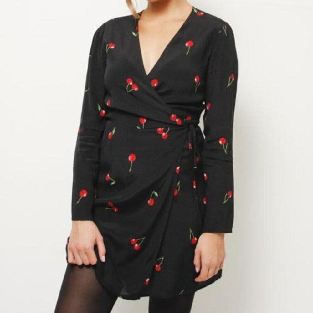 RAILS Lola Cerise Cherry Print Wrap Dress Long Sleeve